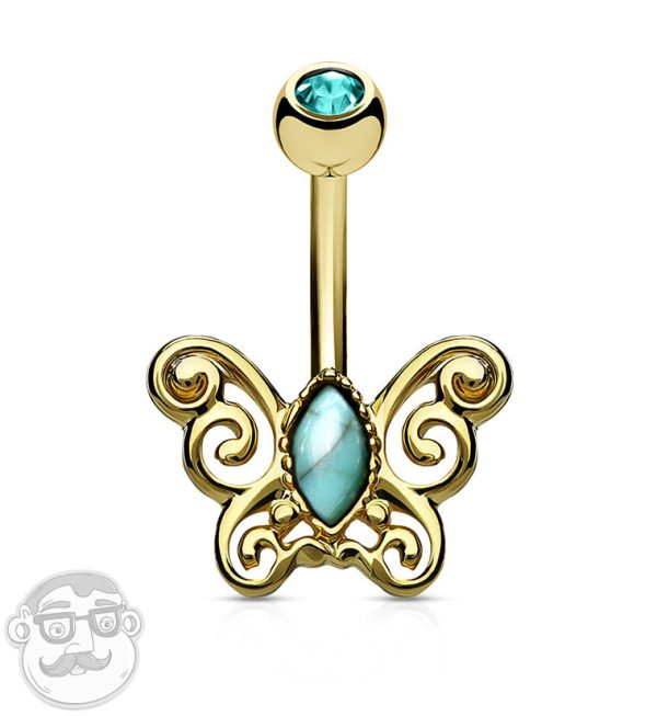 Golden Ornamental Butterfly with Turquoise Inlay Belly Button Ring For Sale