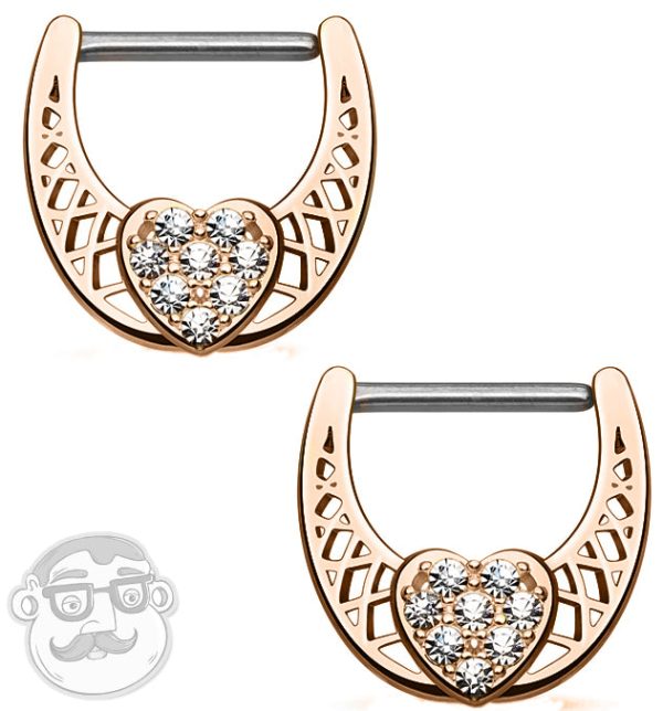 14G Rose Gold Plated CZ Heart Nipple Clicker Ring Discount