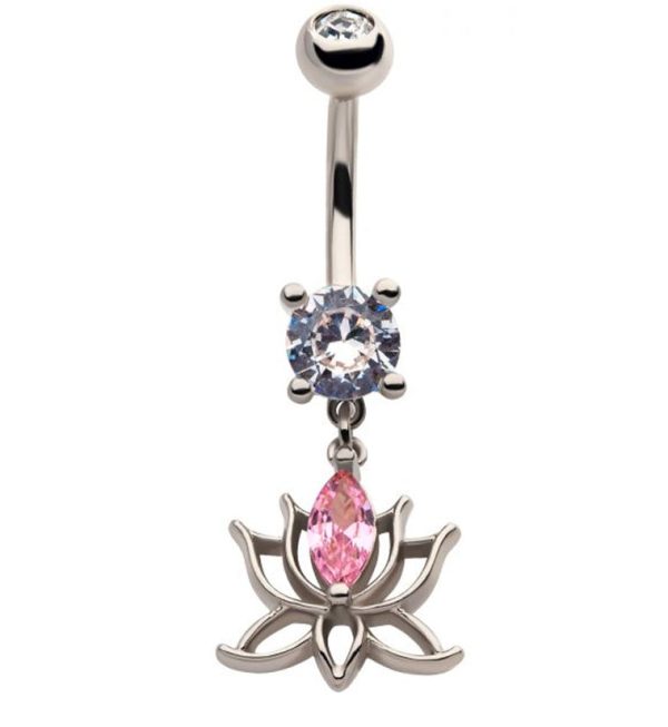 Lotus Flower Pink CZ Belly Button Ring For Discount