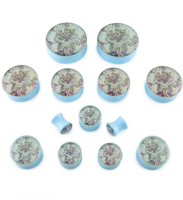 Floral Skull Light Blue Plugs Online Hot Sale