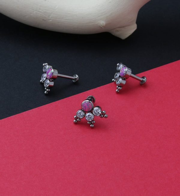 16G Triple Beaded CZ Pink Opal Titanium Labret Post Supply - Image 2