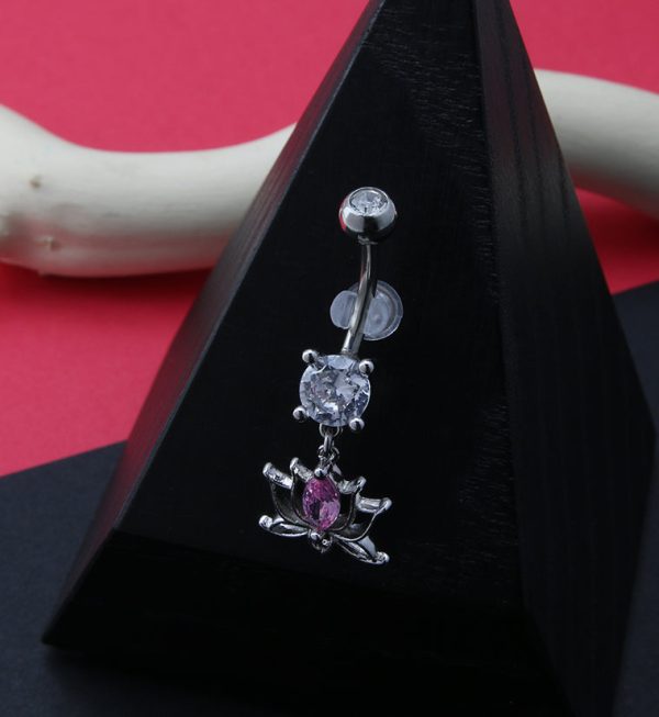 Lotus Flower Pink CZ Belly Button Ring For Discount - Image 2