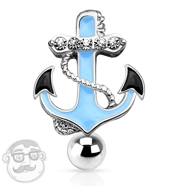 Silver Blue Anchor Stainless Steel Belly Button Ring Fashion