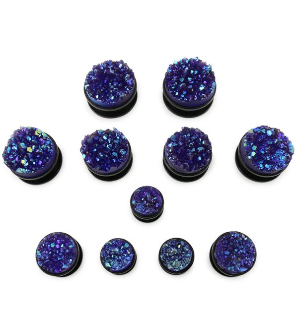 Black Steel Plugs With Purple Druzy Stone Inlay Hot on Sale