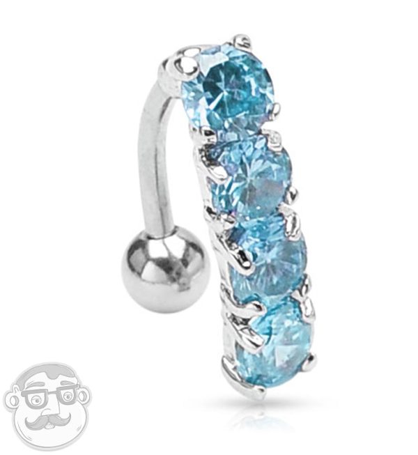 Stunning Four Aqua Gem Stone Steel Belly Button Ring For Cheap